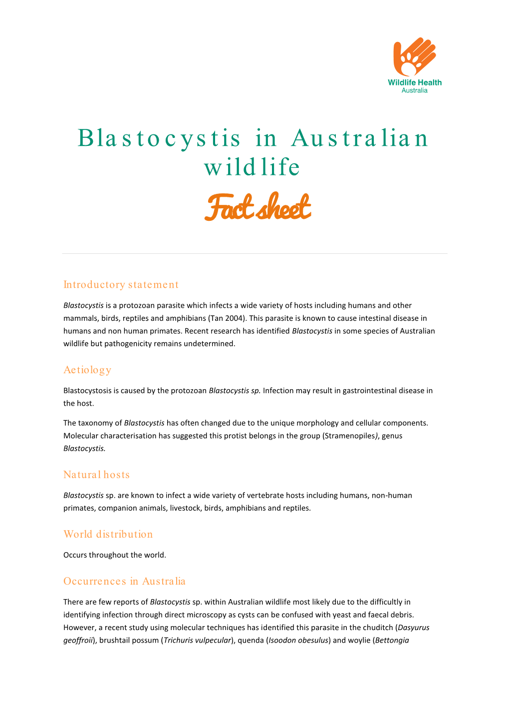 Blastocystis in Australian Wildlife Jul 2011