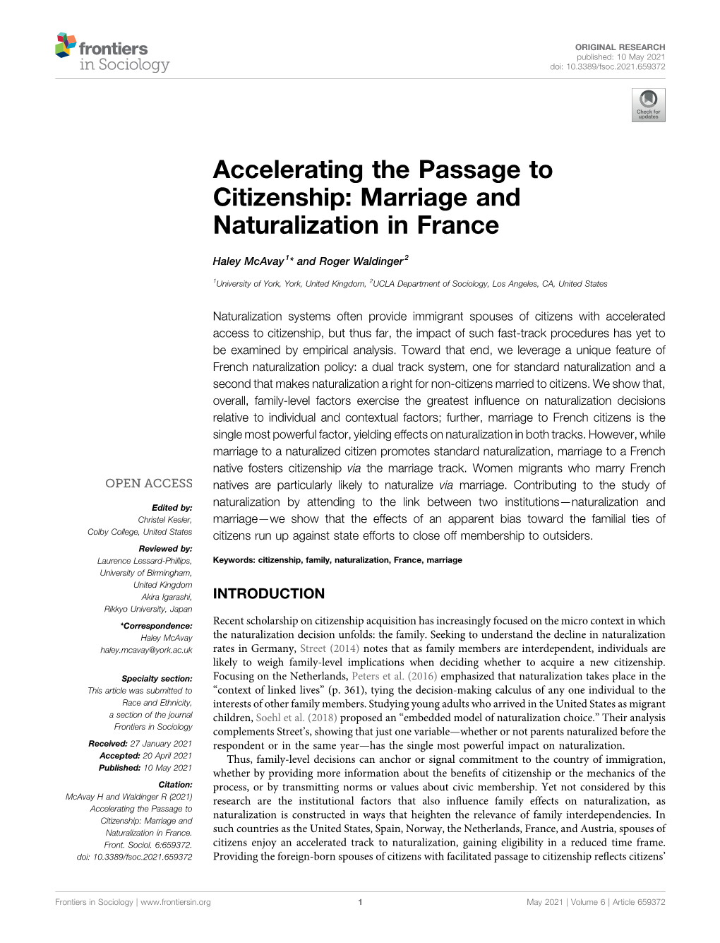 Accelerating the Passage to Citizenship: Marriage and Naturalization in France