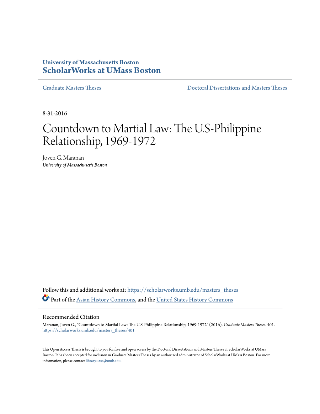 Countdown to Martial Law: the U.S-Philippine Relationship, 1969