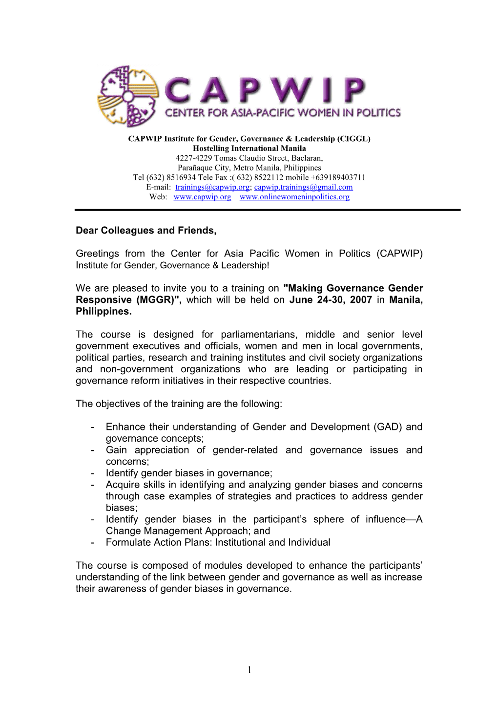 CAPWIP Institute for Gender, Governance & Leadership (CIGGL)