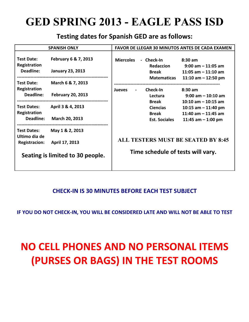 Testing Dates for Spanish GED Are As Follows