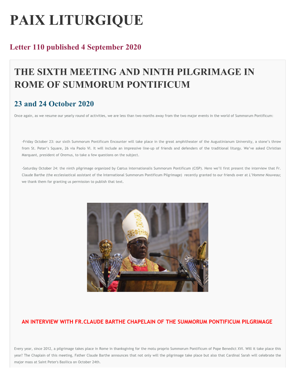PAIX LITURGIQUE Letter 110 Published 4 September 2020 the SIXTH MEETING AND