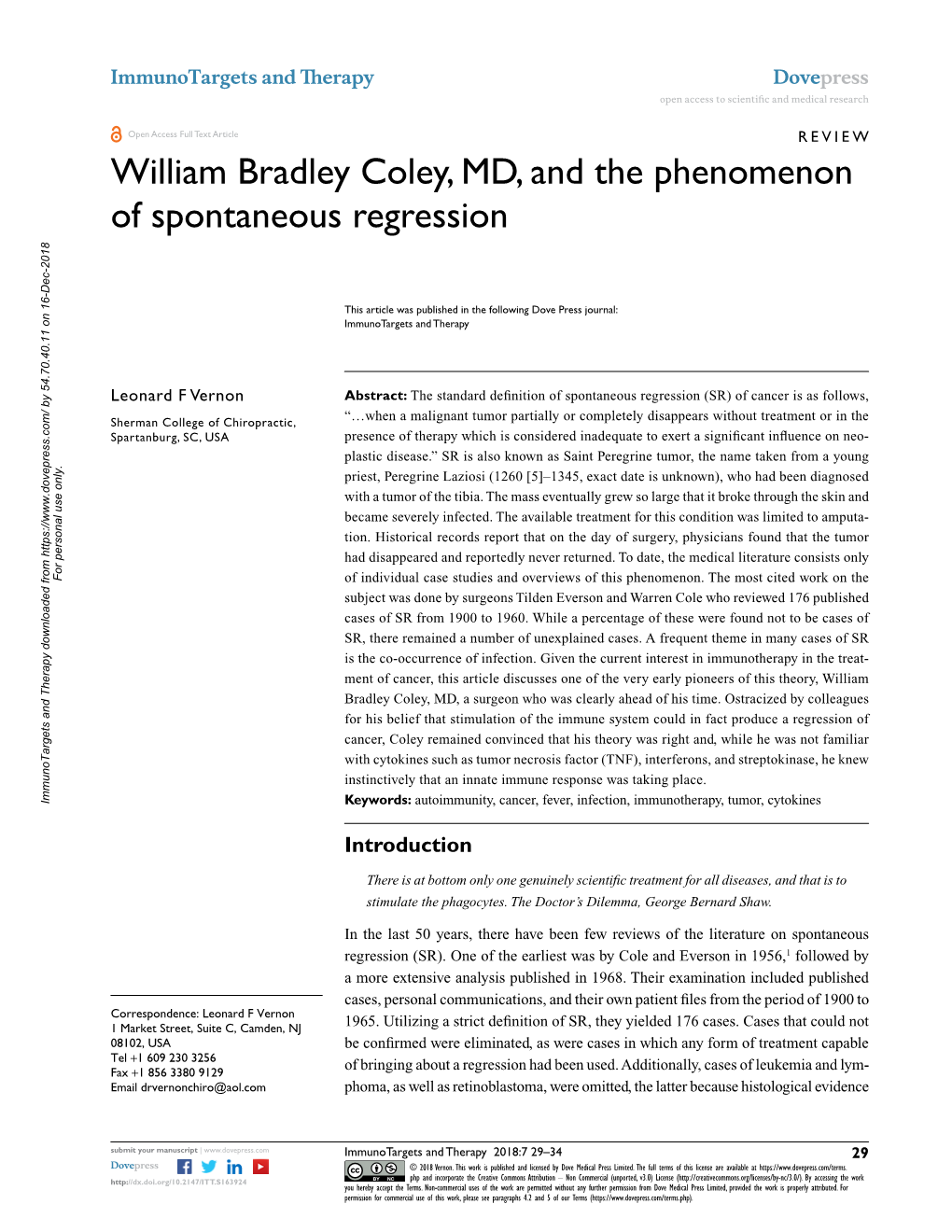 William Bradley Coley, MD, and the Phenomenon of Spontaneous Regression