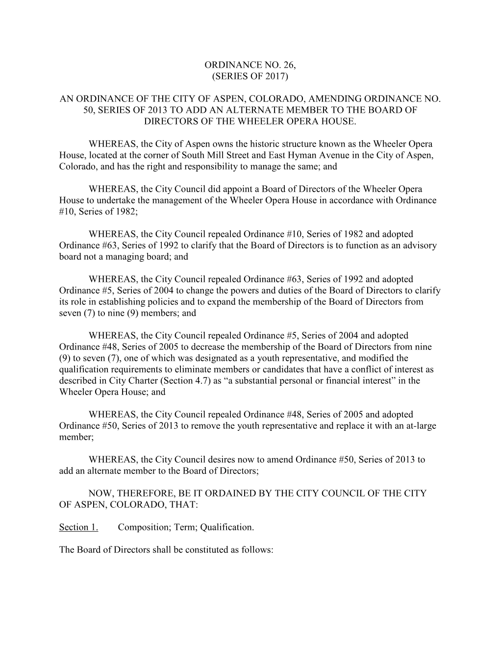 An Ordinance of the City of Aspen, Colorado, Amending Ordinance No