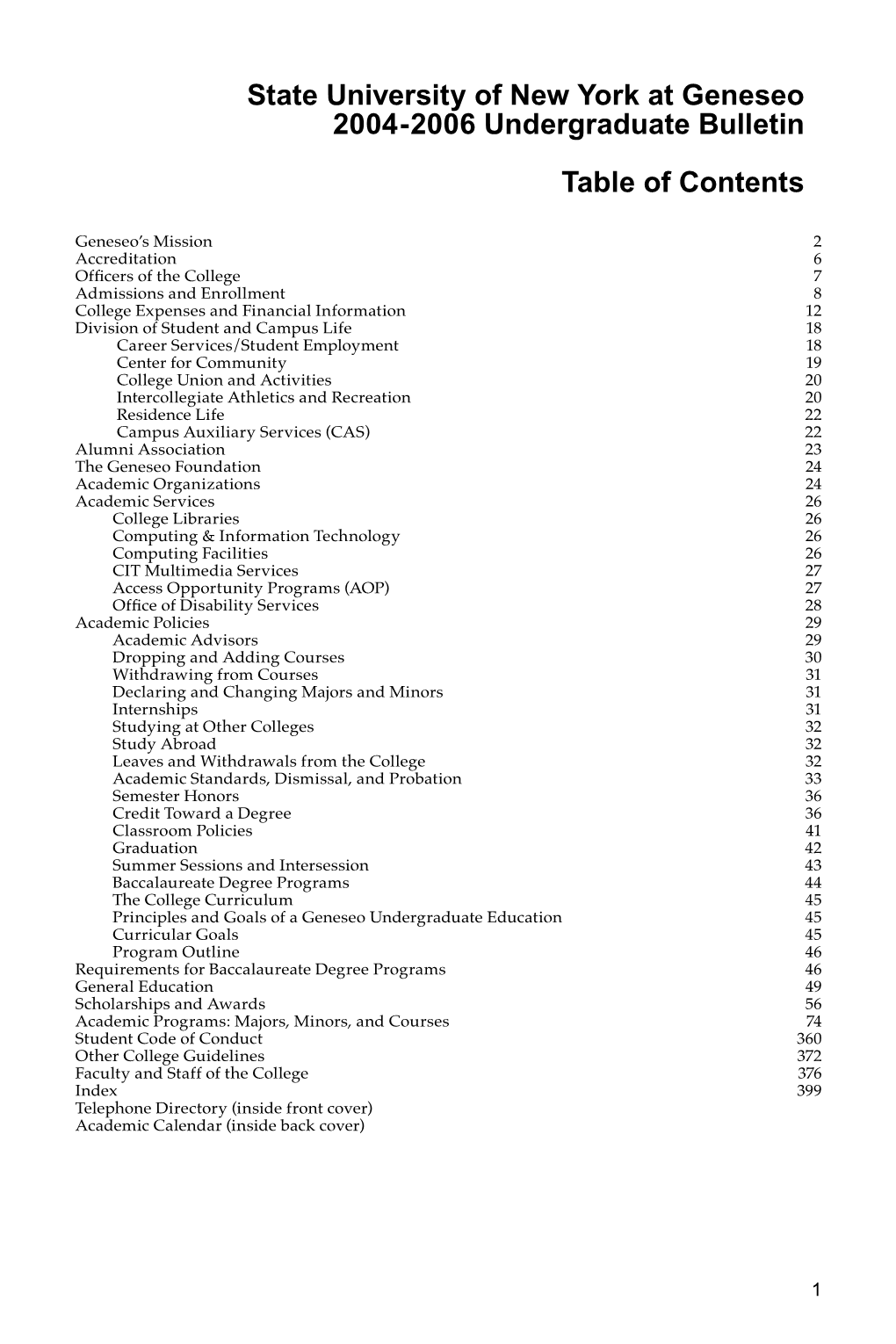 State University of New York at Geneseo 2004-2006 Undergraduate Bulletin Table of Contents