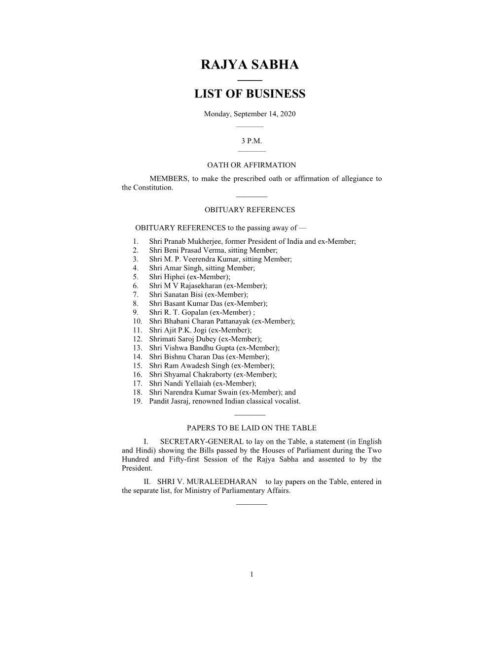 Rajya Sabha —— List of Business