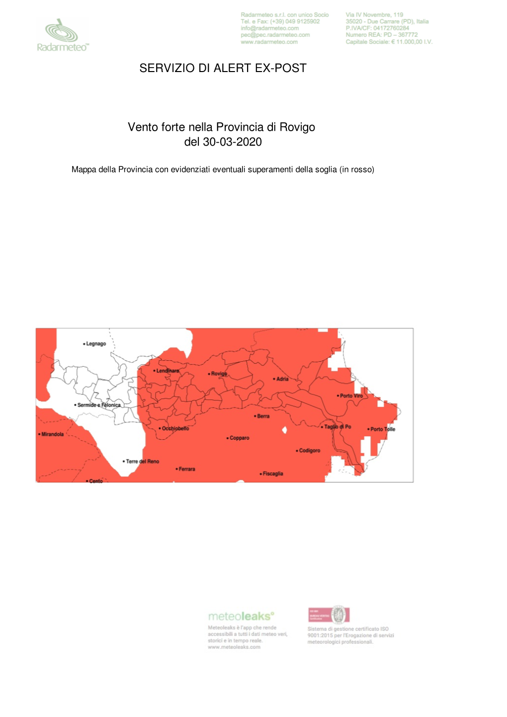 SERVIZIO DI ALERT EX-POST Vento Forte Nella Provincia Di Rovigo Del