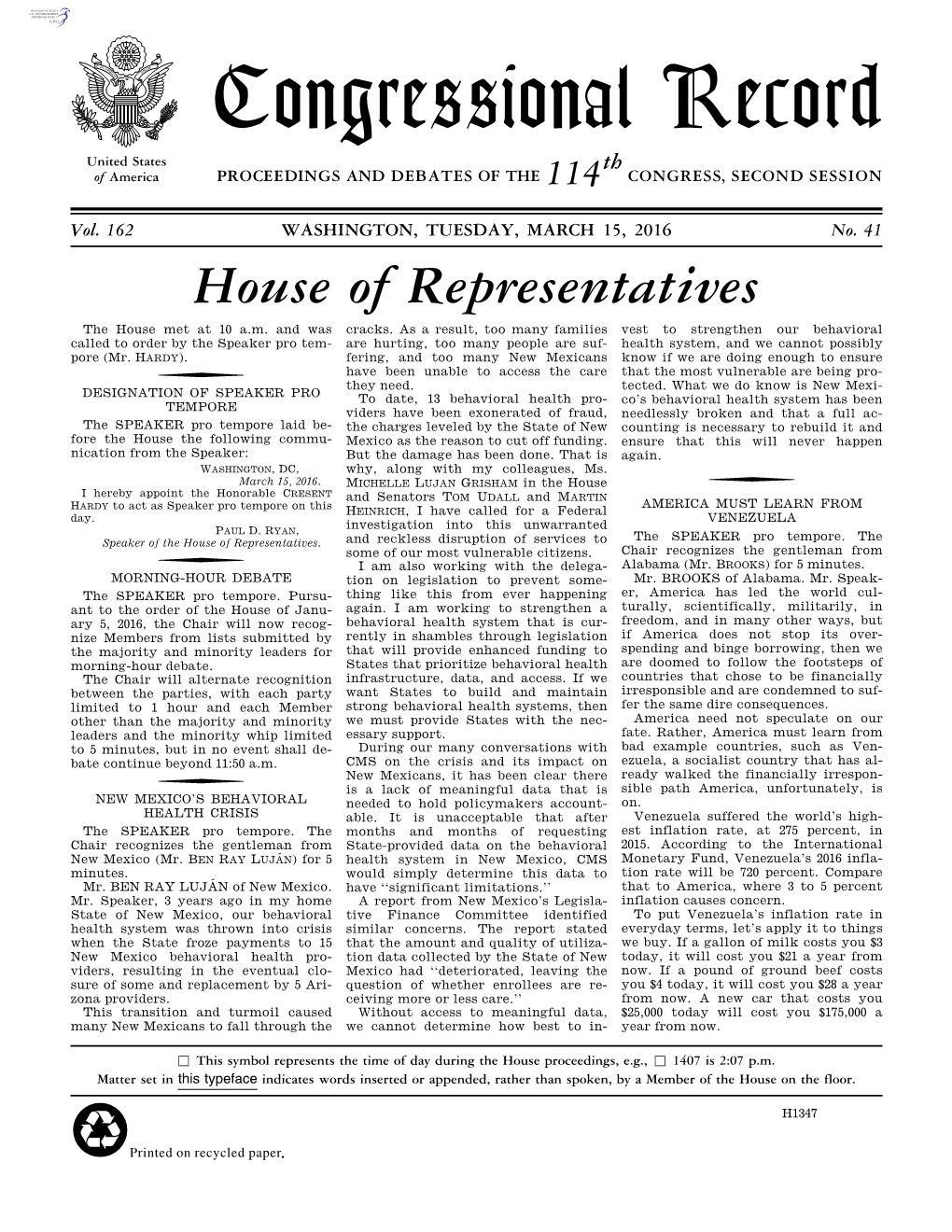 Congressional Record United States Th of America PROCEEDINGS and DEBATES of the 114 CONGRESS, SECOND SESSION