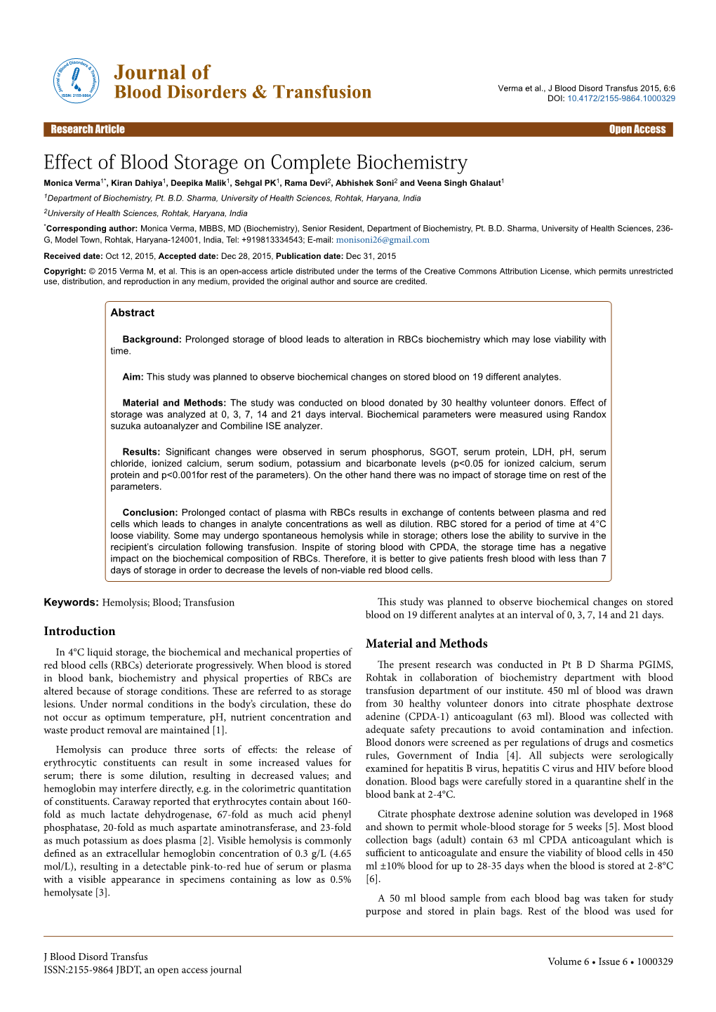 Effect of Blood Storage on Complete Biochemistry