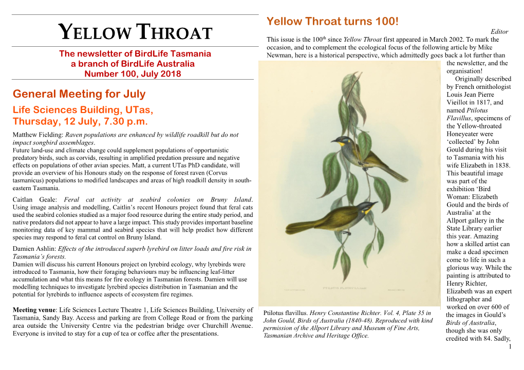 Yellow Throat Turns 100! Editor YELLOW THROAT This Issue Is the 100Th Since Yellow Throat First Appeared in March 2002