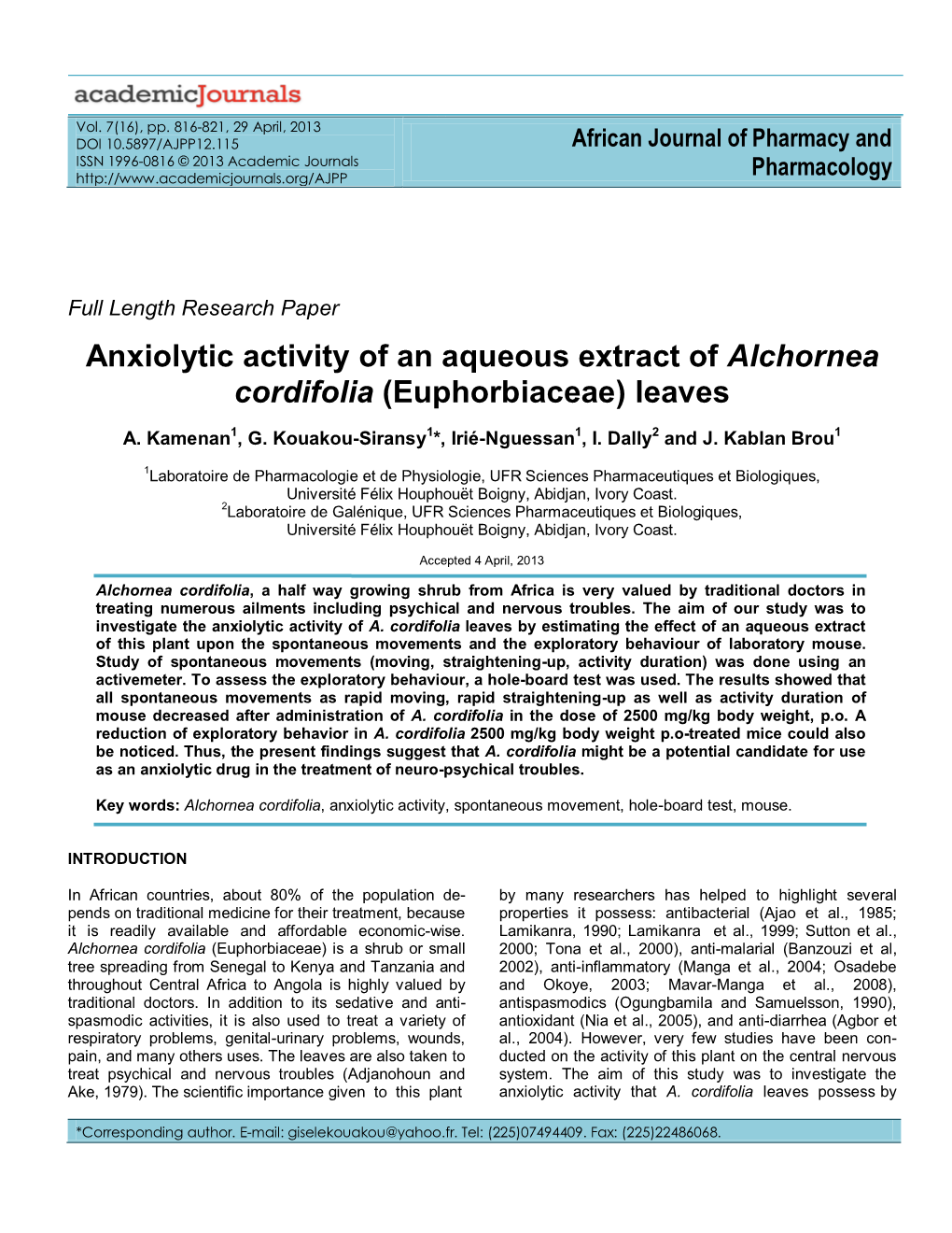 Anxiolytic Activity of an Aqueous Extract of Alchornea Cordifolia (Euphorbiaceae) Leaves