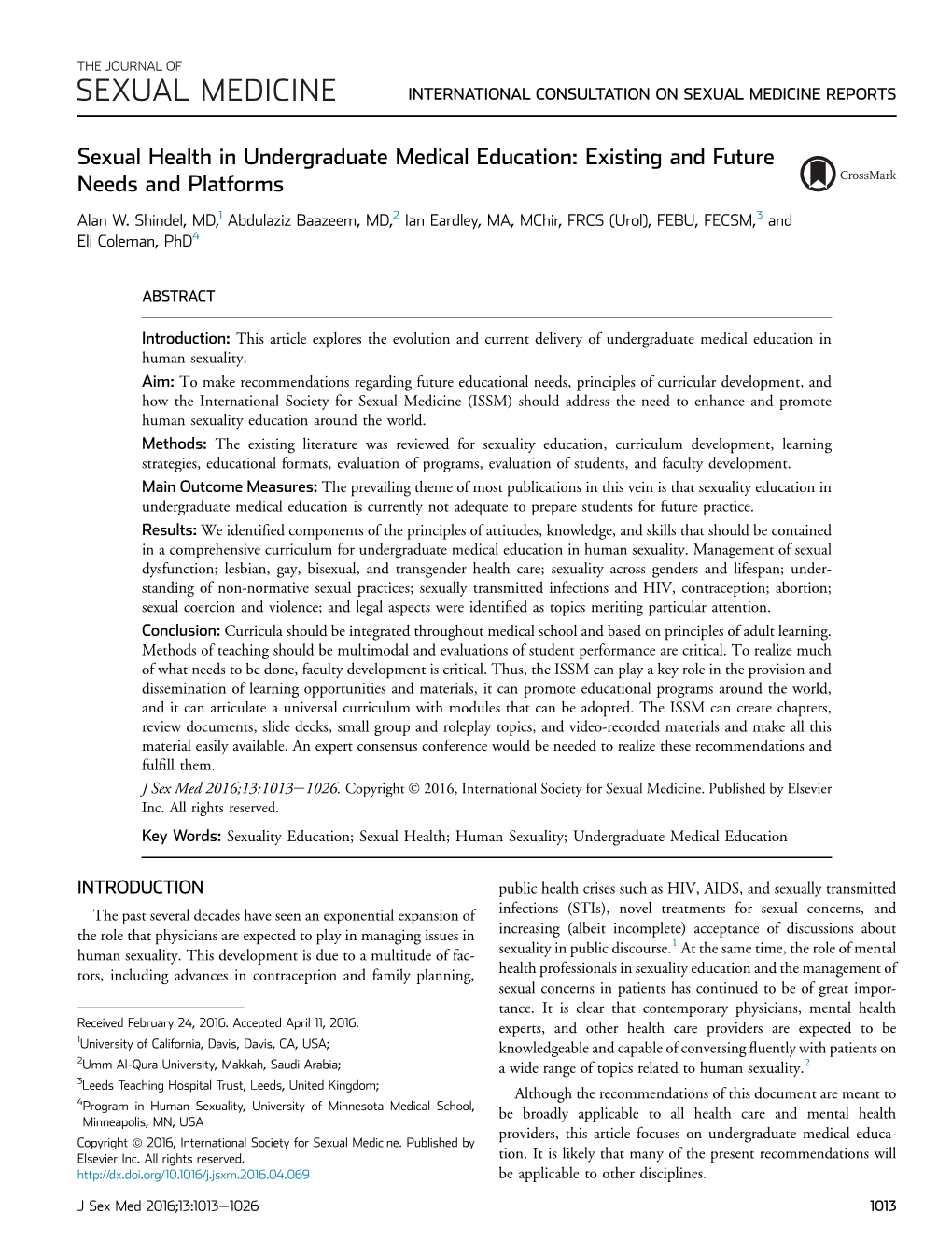 Sexual Health in Undergraduate Medical Education: Existing and Future Needs and Platforms