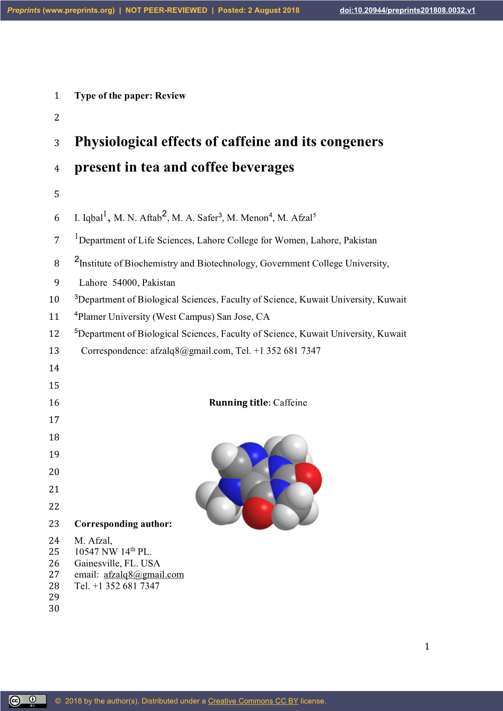 Physiological Effects of Caffeine and Its Congeners Present in Tea And