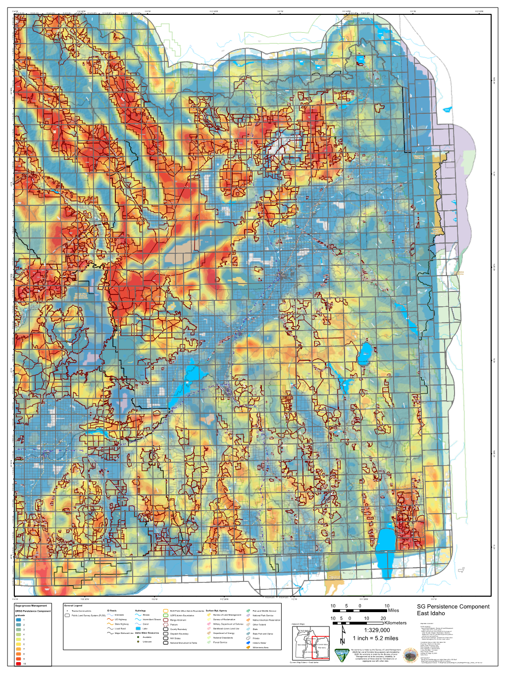 Persistence Component GRSG Persistence Component Towns-Communities ID Roads Hydrology BLM Field Office Admin Boundaries Surface Mgt