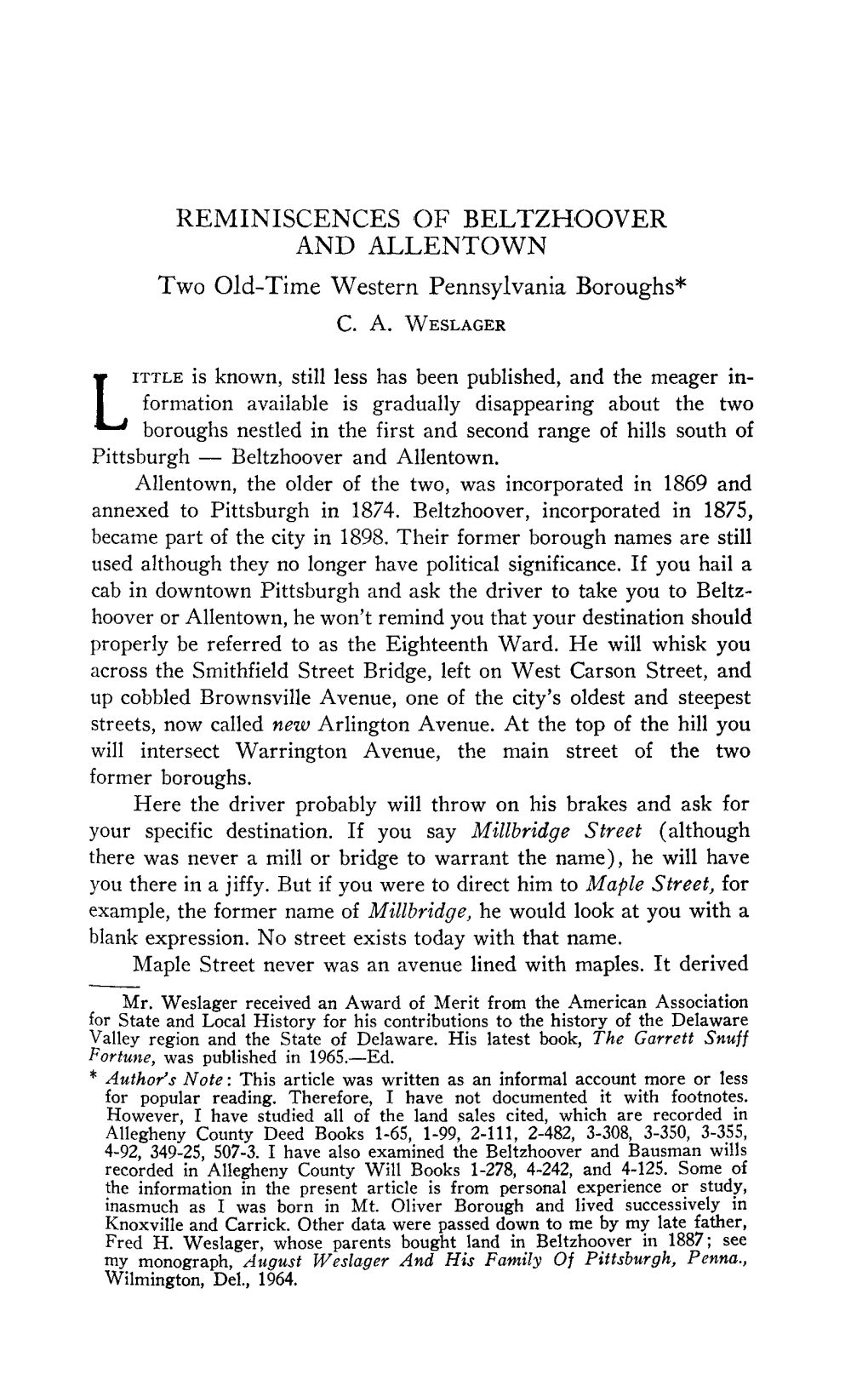 Littleboroughs— Nestled in the First and Second Range of Hills South of Pittsburgh Beltzhoover and Allentown