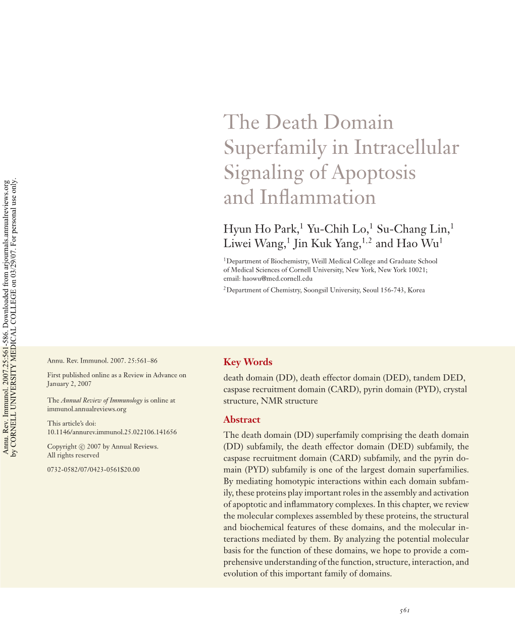 The Death Domain Superfamily in Intracellular Signaling of Apoptosis and Inﬂammation