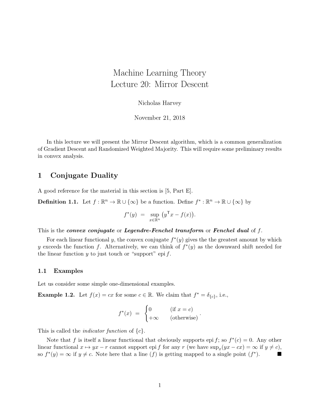 Machine Learning Theory Lecture 20: Mirror Descent