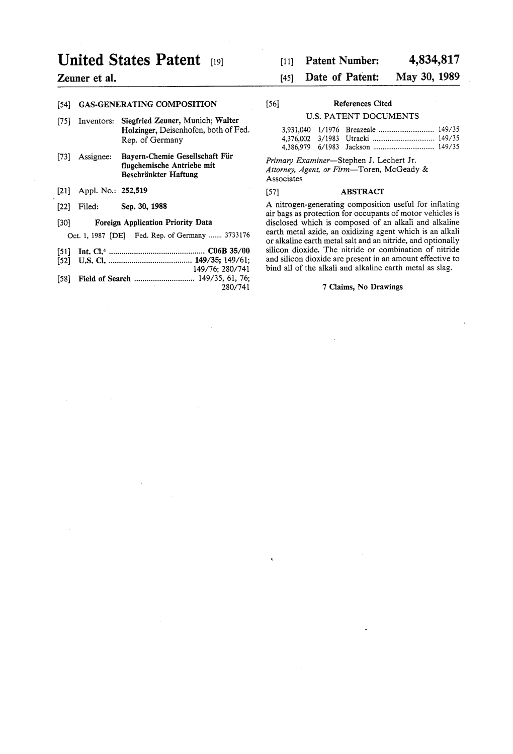 United States Patent (19) 11 Patent Number: 4,834,817 Zeuner Et Al