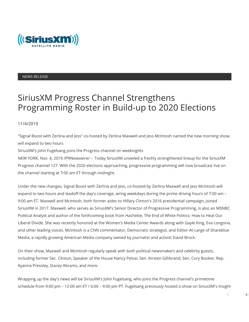 Siriusxm Progress Channel Strengthens Programming Roster in Build-Up to 2020 Elections