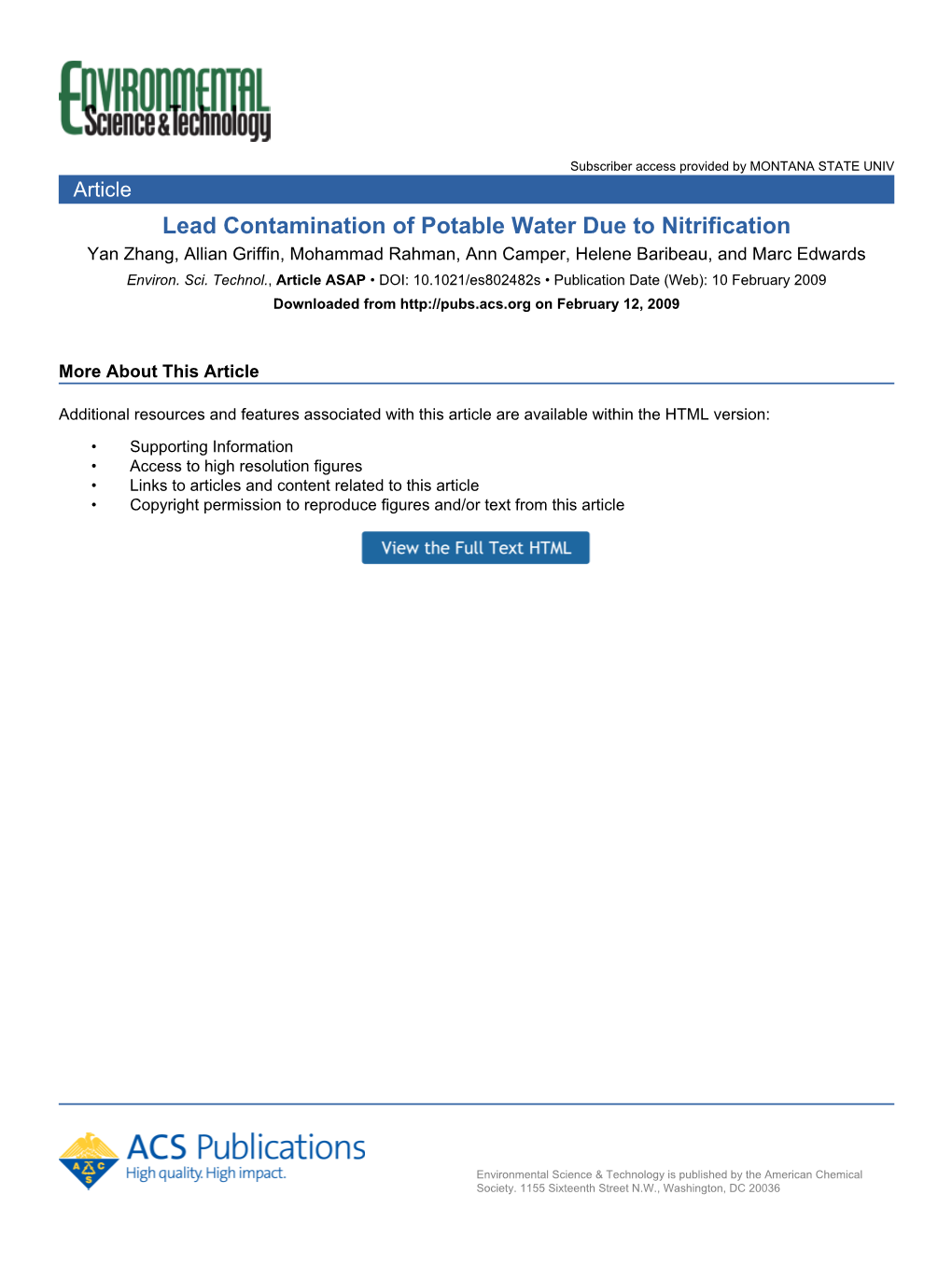 Lead Contamination of Potable Water Due to Nitrification Yan Zhang, Allian Griffin, Mohammad Rahman, Ann Camper, Helene Baribeau, and Marc Edwards Environ