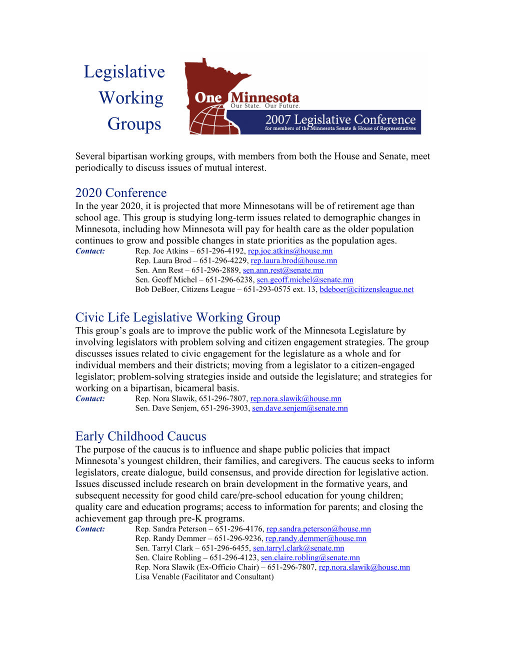 Legislative Working Groups