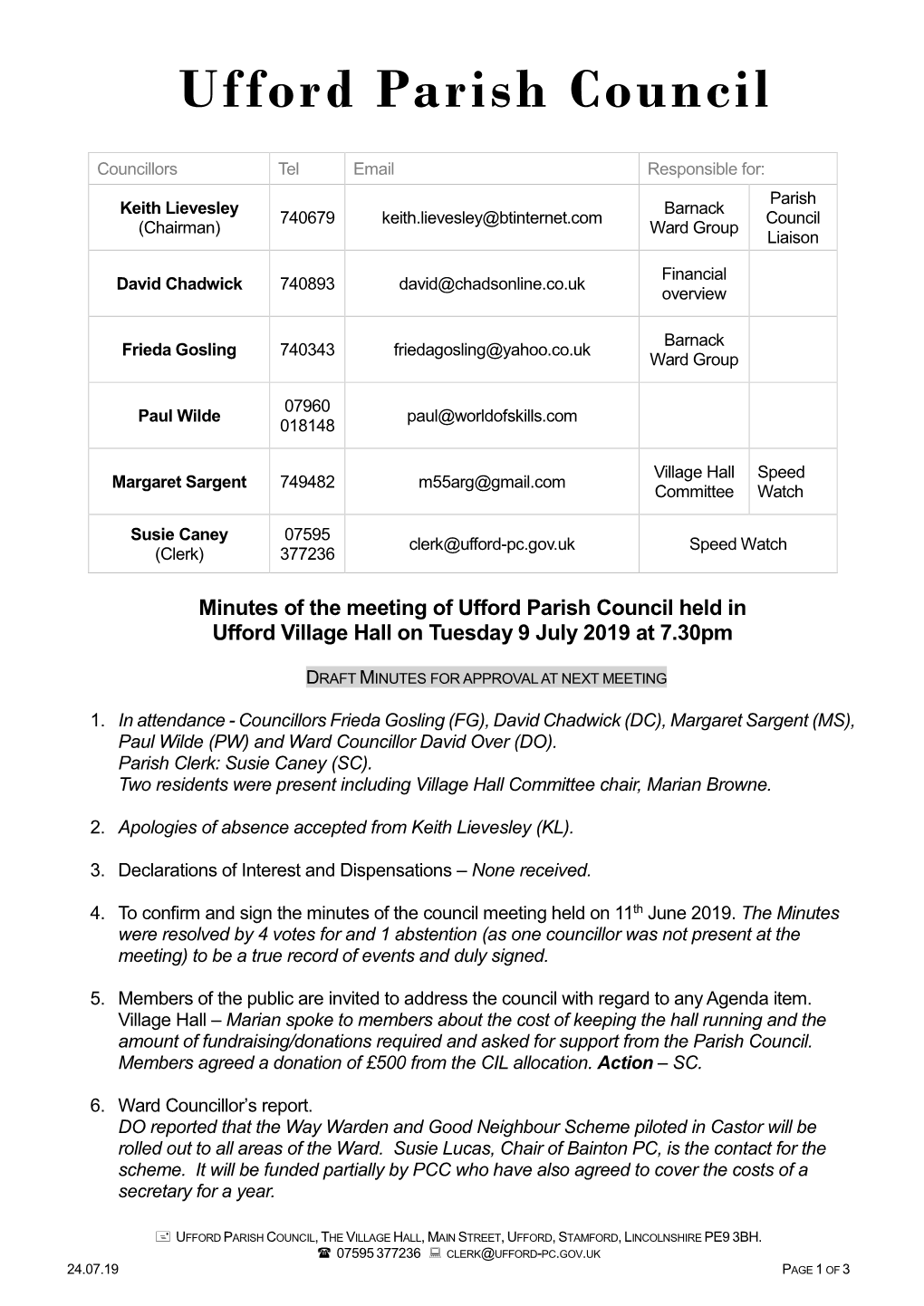 Ufford Parish Council Draft Minutes 07.19