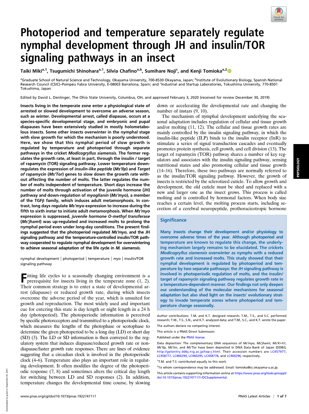 Photoperiod and Temperature Separately Regulate Nymphal Development Through JH and Insulin/TOR Signaling Pathways in an Insect