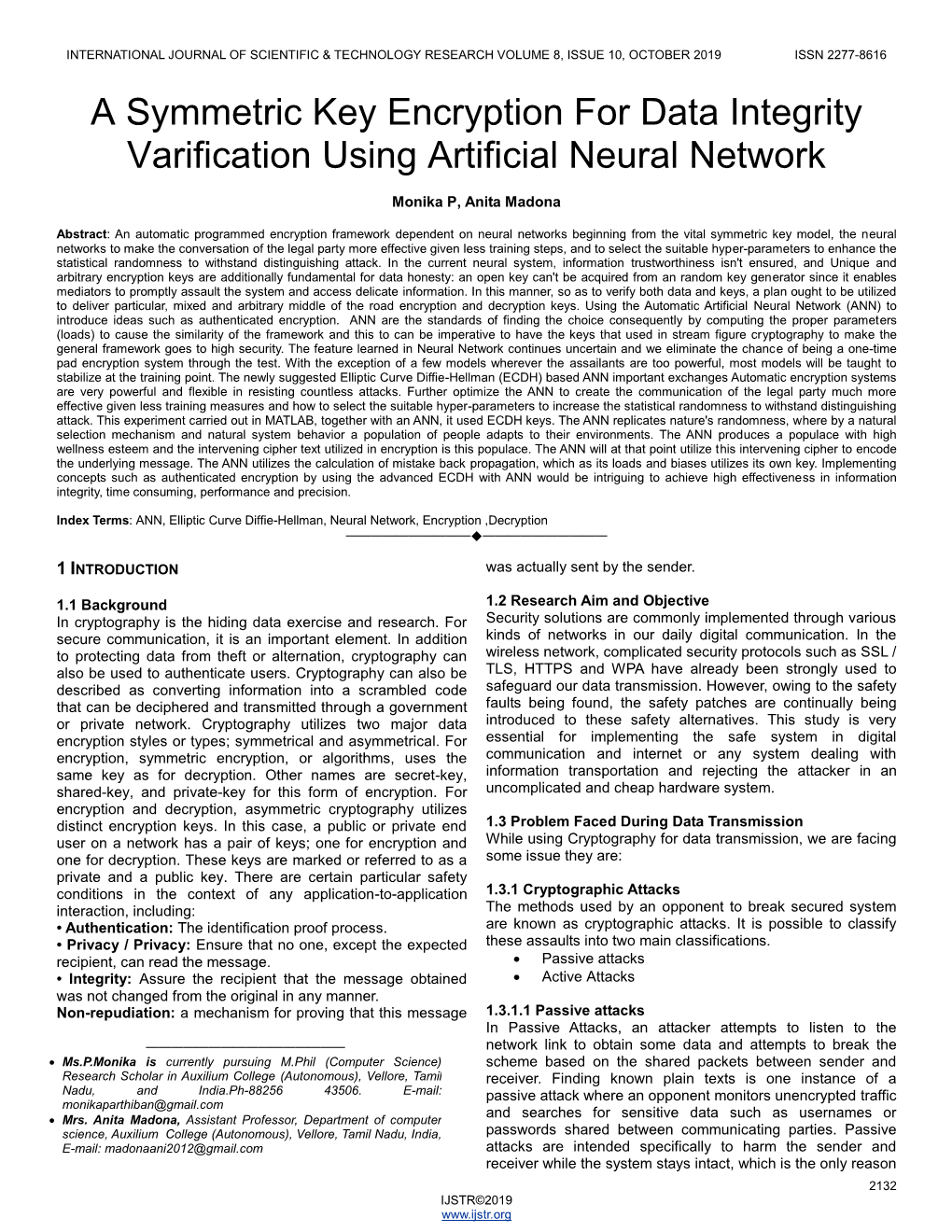 A Symmetric Key Encryption for Data Integrity Varification Using Artificial Neural Network