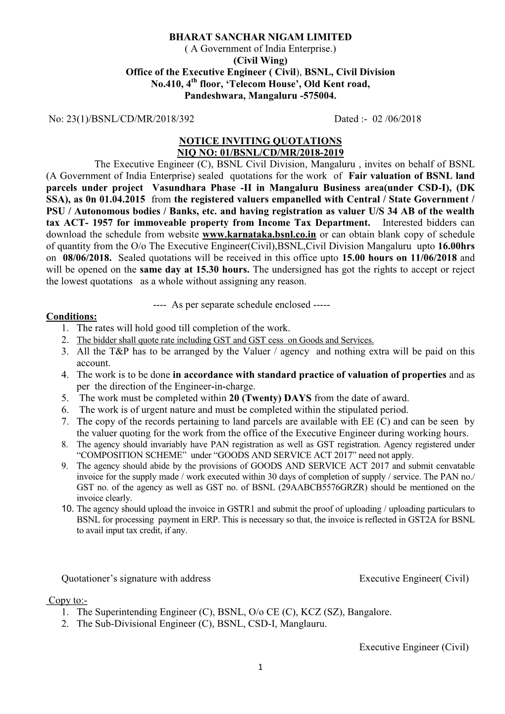 Civil Wing) Office of the Executive Engineer ( Civil), BSNL, Civil Division No.410, 4Th Floor, ‘Telecom House’, Old Kent Road, Pandeshwara, Mangaluru -575004