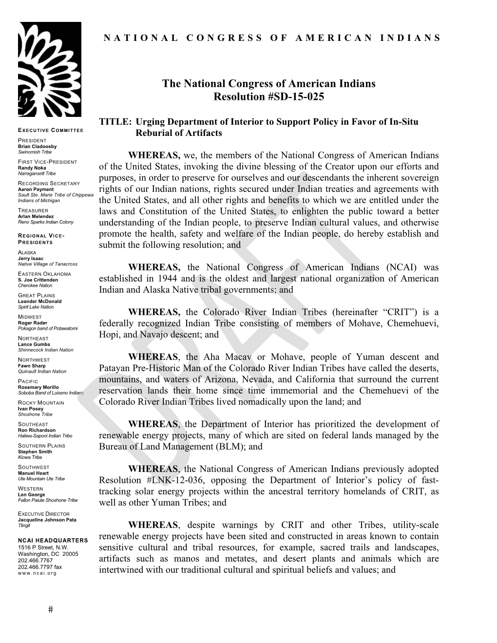 The National Congress of American Indians Resolution #SD-15-025