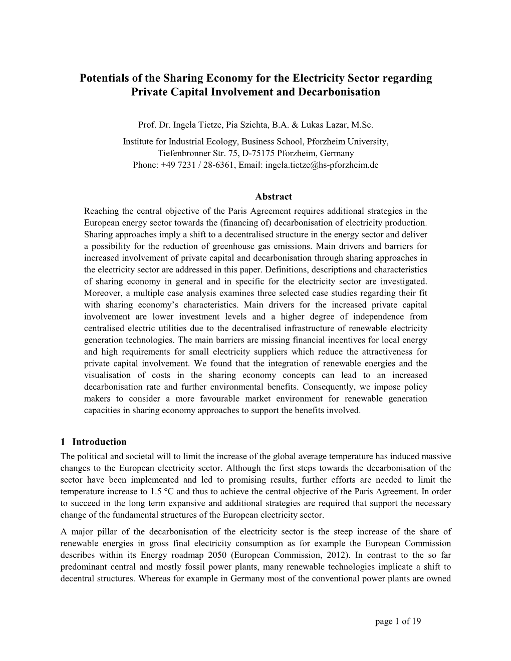 Potentials of the Sharing Economy for the Electricity Sector Regarding Private Capital Involvement and Decarbonisation