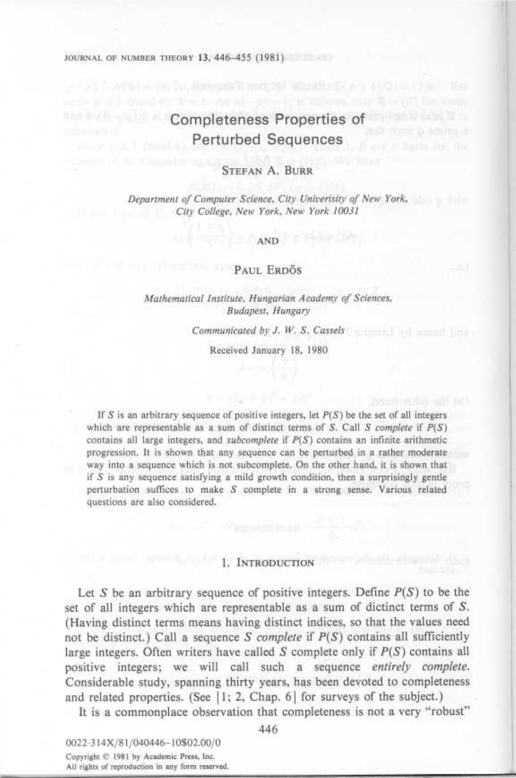 Completeness Properties of Perturbed Sequences Let S Be