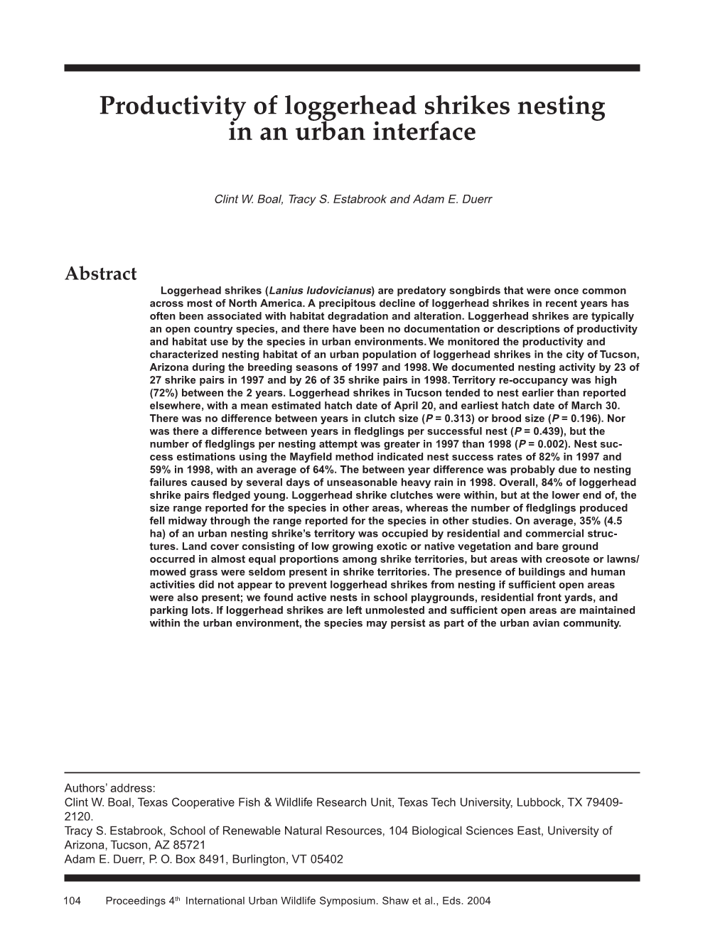 Productivity of Loggerhead Shrikes Nesting in an Urban Interface