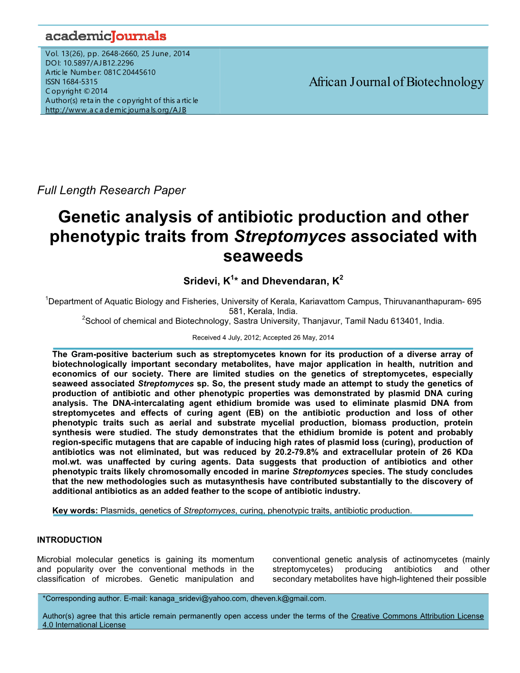 Genetic Analysis of Antibiotic Production and Other Phenotypic Traits from Streptomyces Associated with Seaweeds