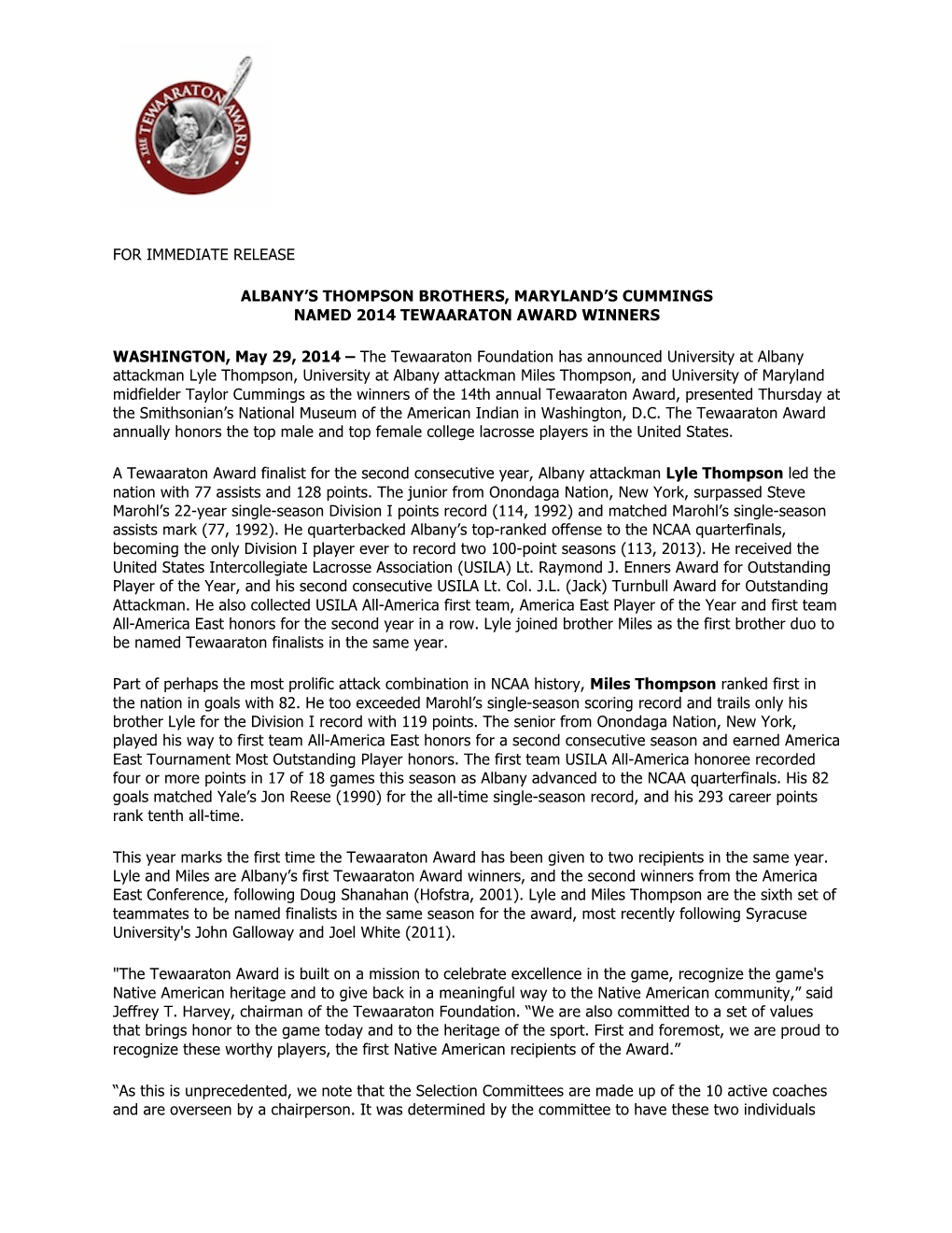 For Immediate Release Albany's Thompson