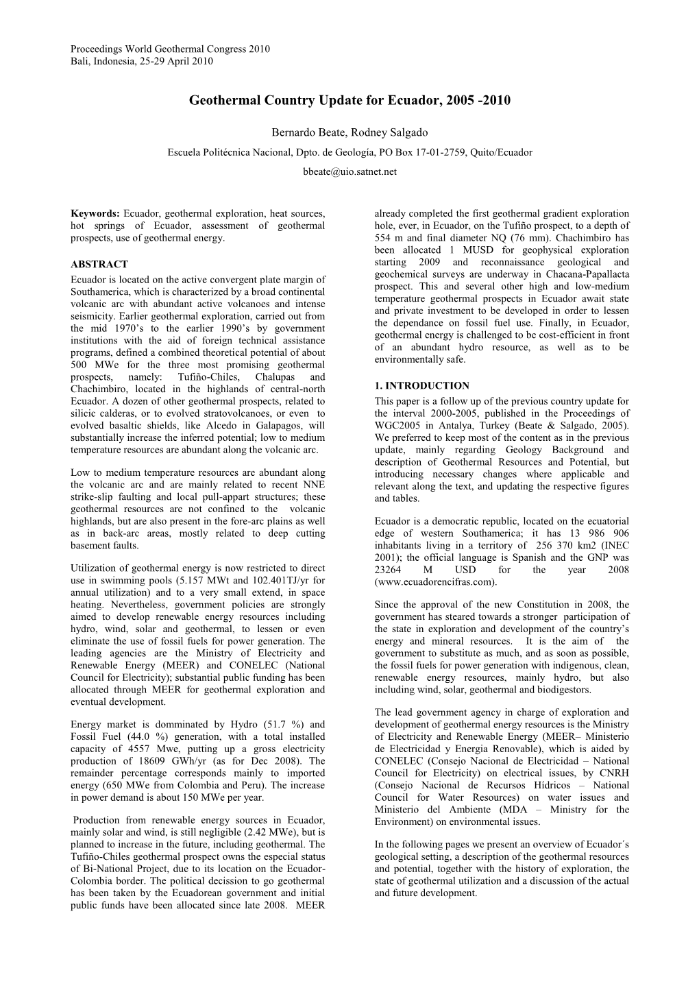 Geothermal Country Update for Ecuador, 2005 -2010