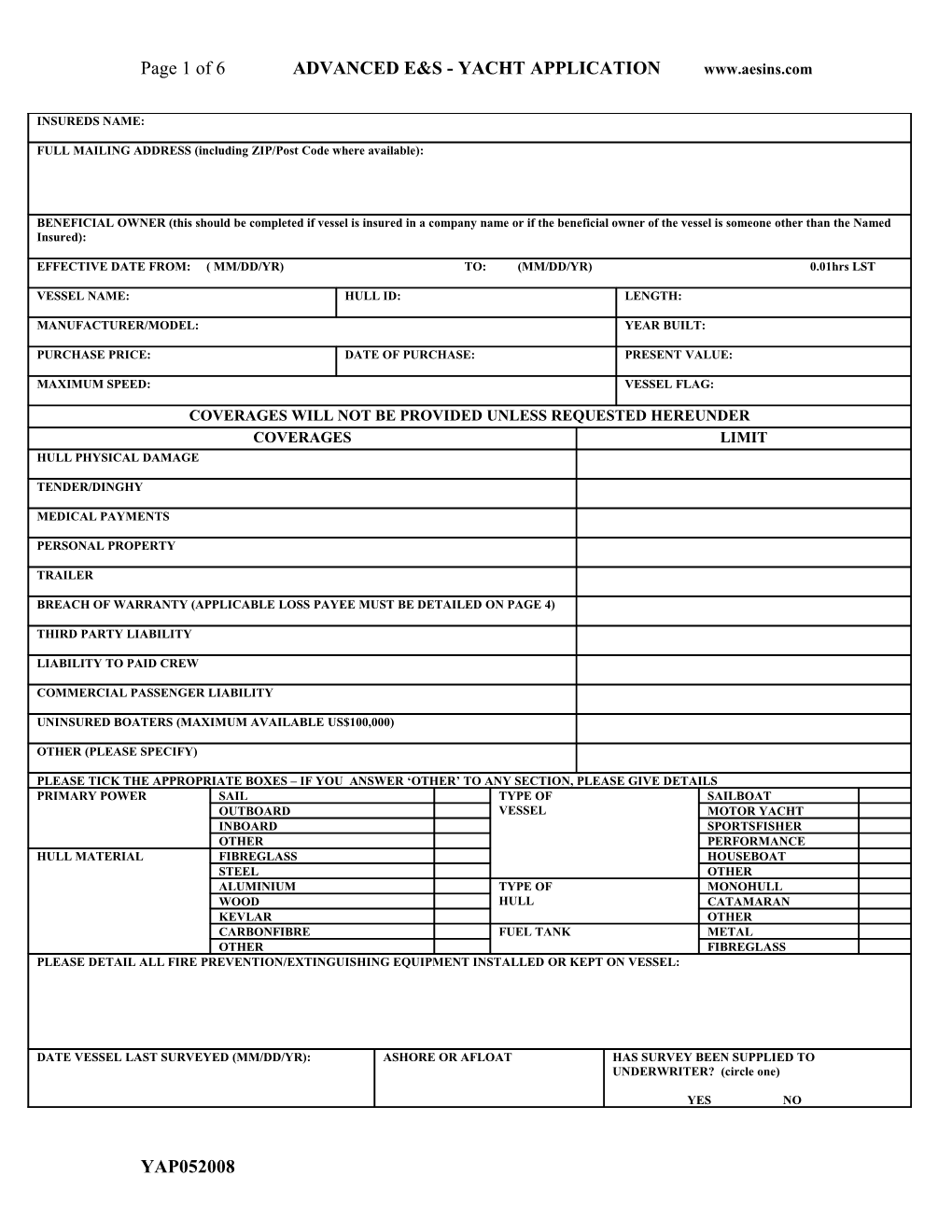 Page 1 of 5 ADVANCED E&S - YACHT APPLICATION