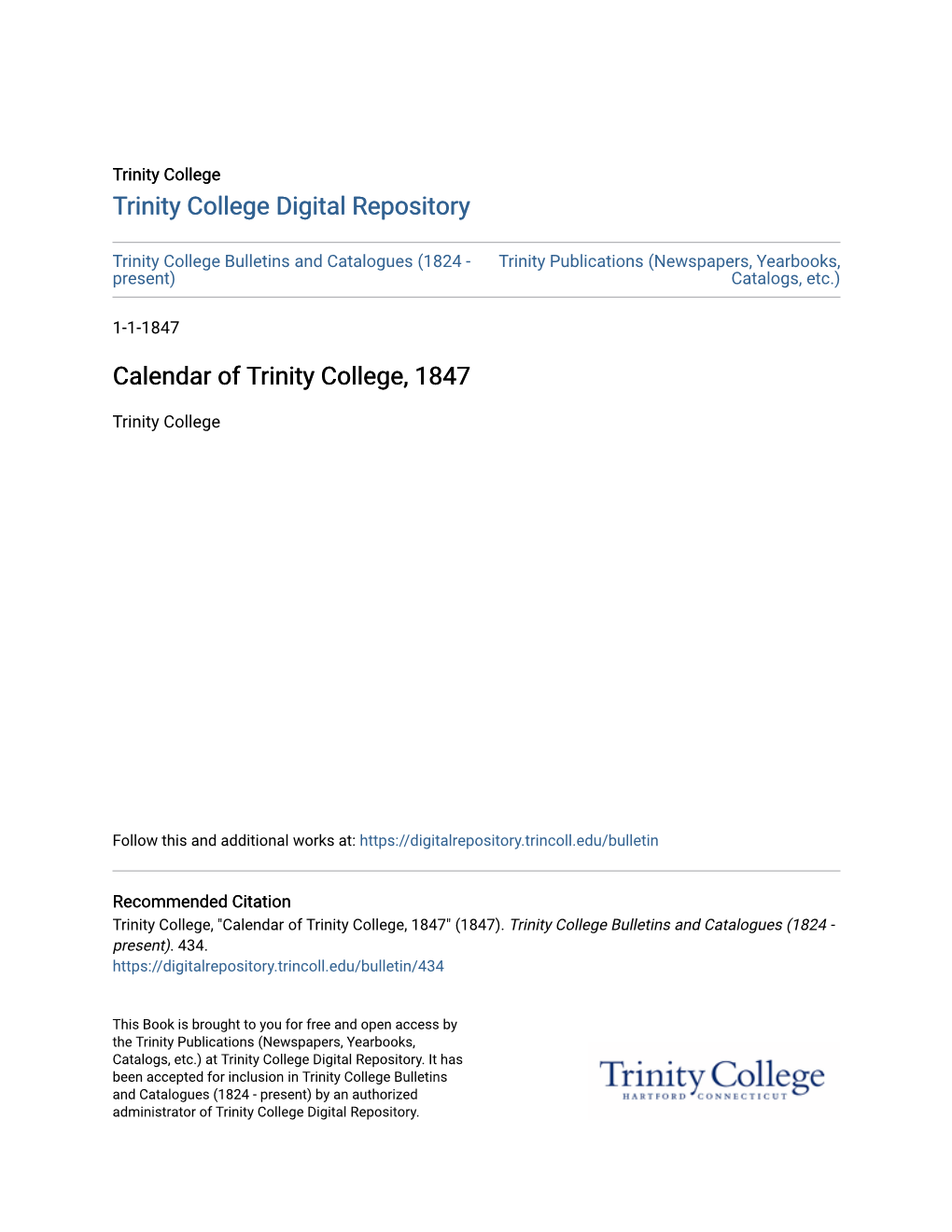 Calendar of Trinity College, 1847