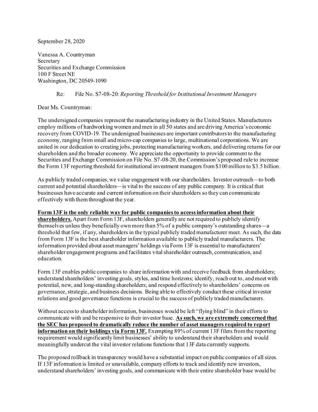 September 28, 2020 Vanessa A. Countryman Secretary Securities and Exchange Commission 100 F Street NE Washington, DC 20549-10