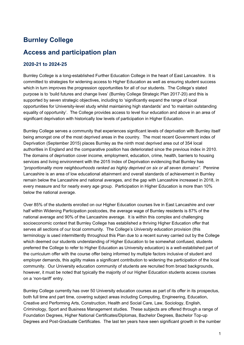 Burnley College Access and Participation Plan