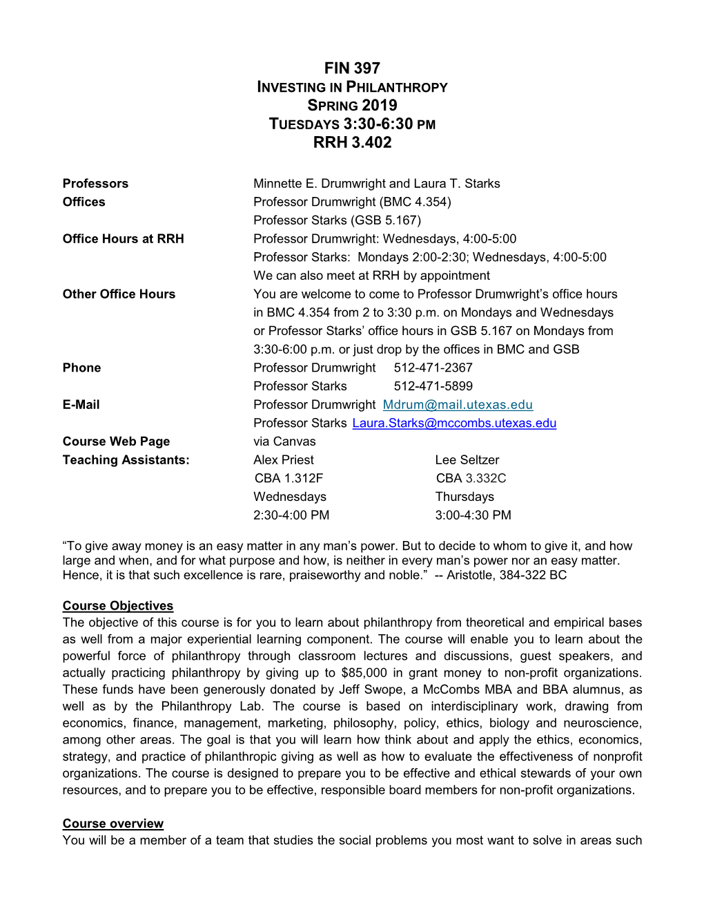 Investing in Philanthropy Spring 2019 Tuesdays 3:30-6:30 Pm Rrh 3.402