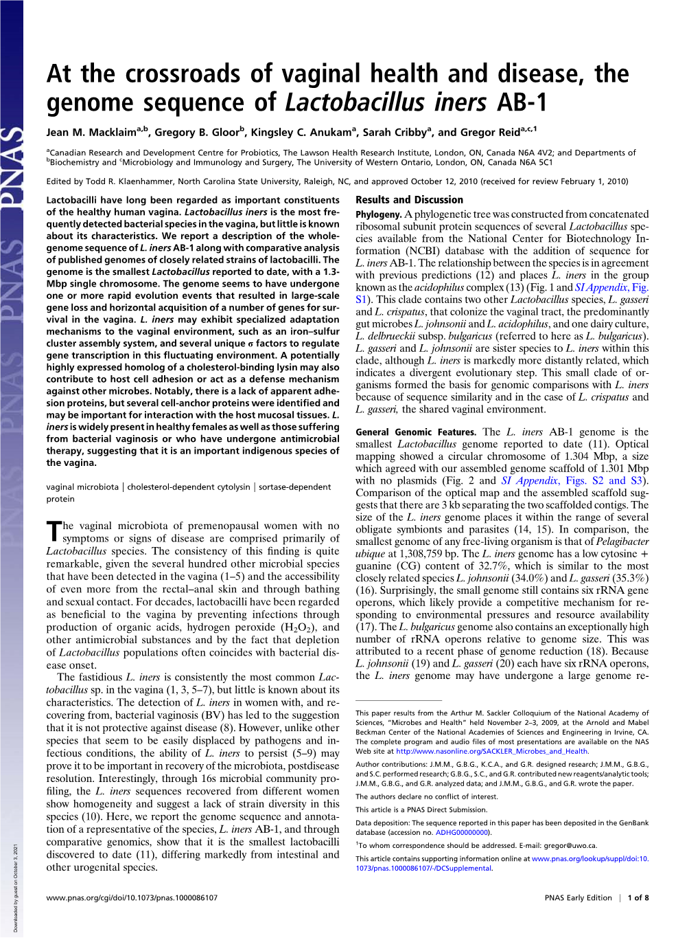 At the Crossroads of Vaginal Health and Disease, the Genome Sequence of Lactobacillus Iners AB-1