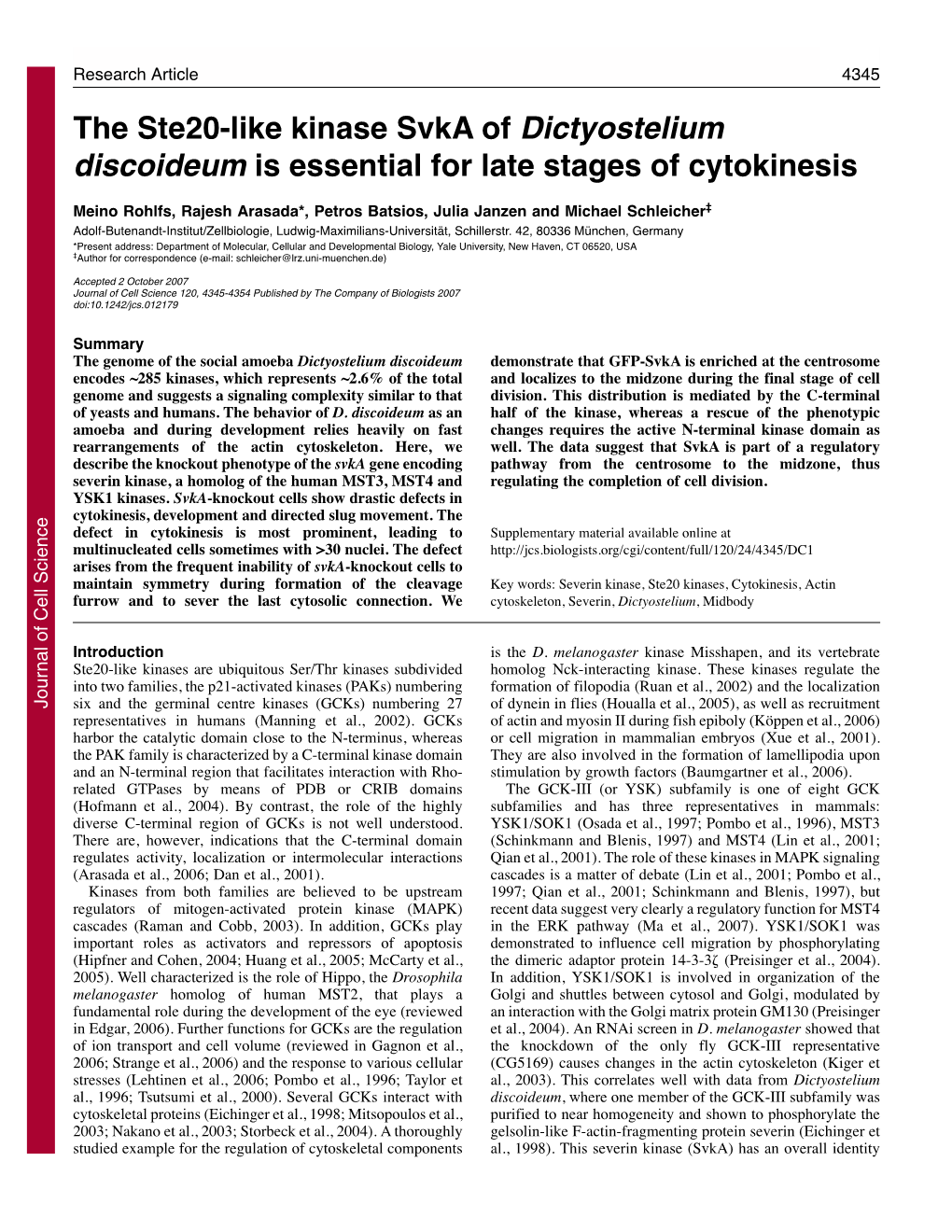 The Ste20-Like Kinase Svka of Dictyostelium Discoideum Is Essential for Late Stages of Cytokinesis