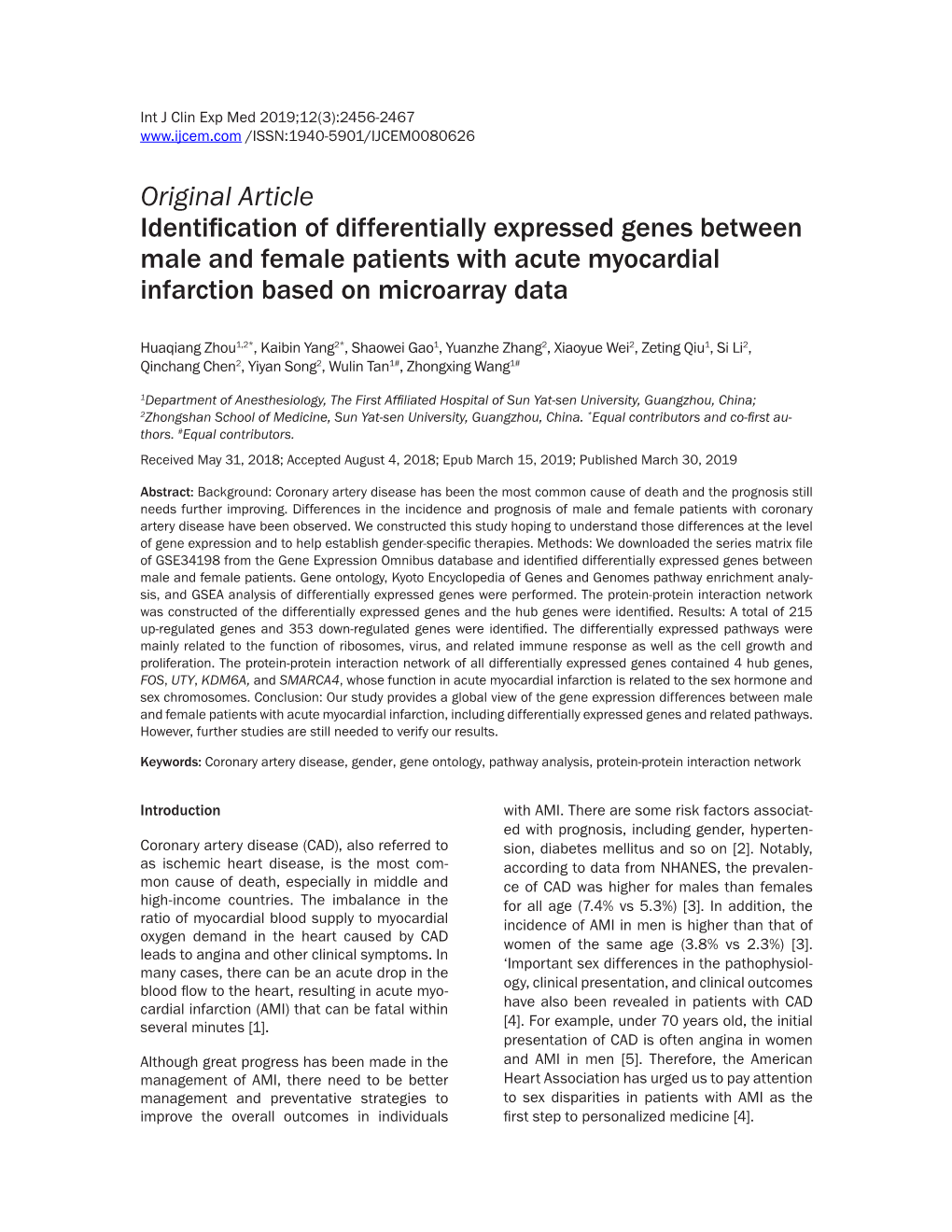 Original Article Identification of Differentially Expressed Genes Between Male and Female Patients with Acute Myocardial Infarction Based on Microarray Data