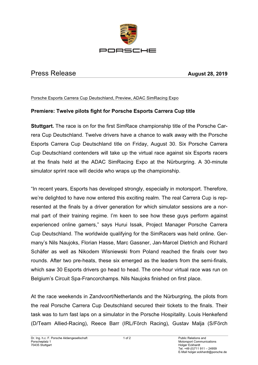 Press Release August 28, 2019