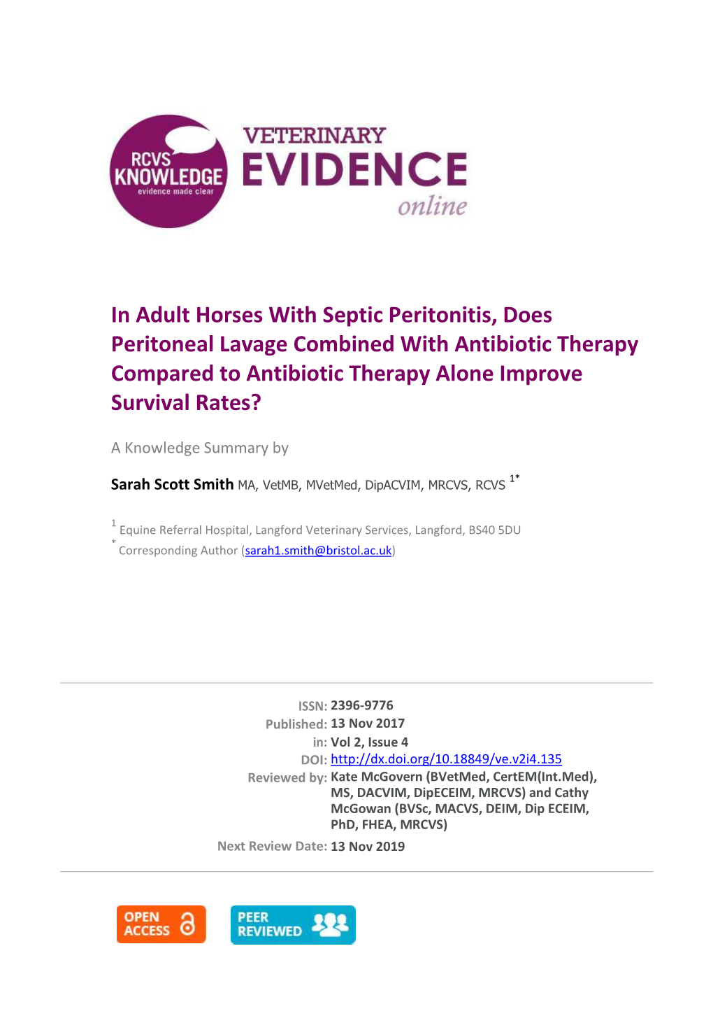 In Adult Horses with Septic Peritonitis, Does Peritoneal Lavage Combined with Antibiotic Therapy Compared to Antibiotic Therapy Alone Improve Survival Rates?