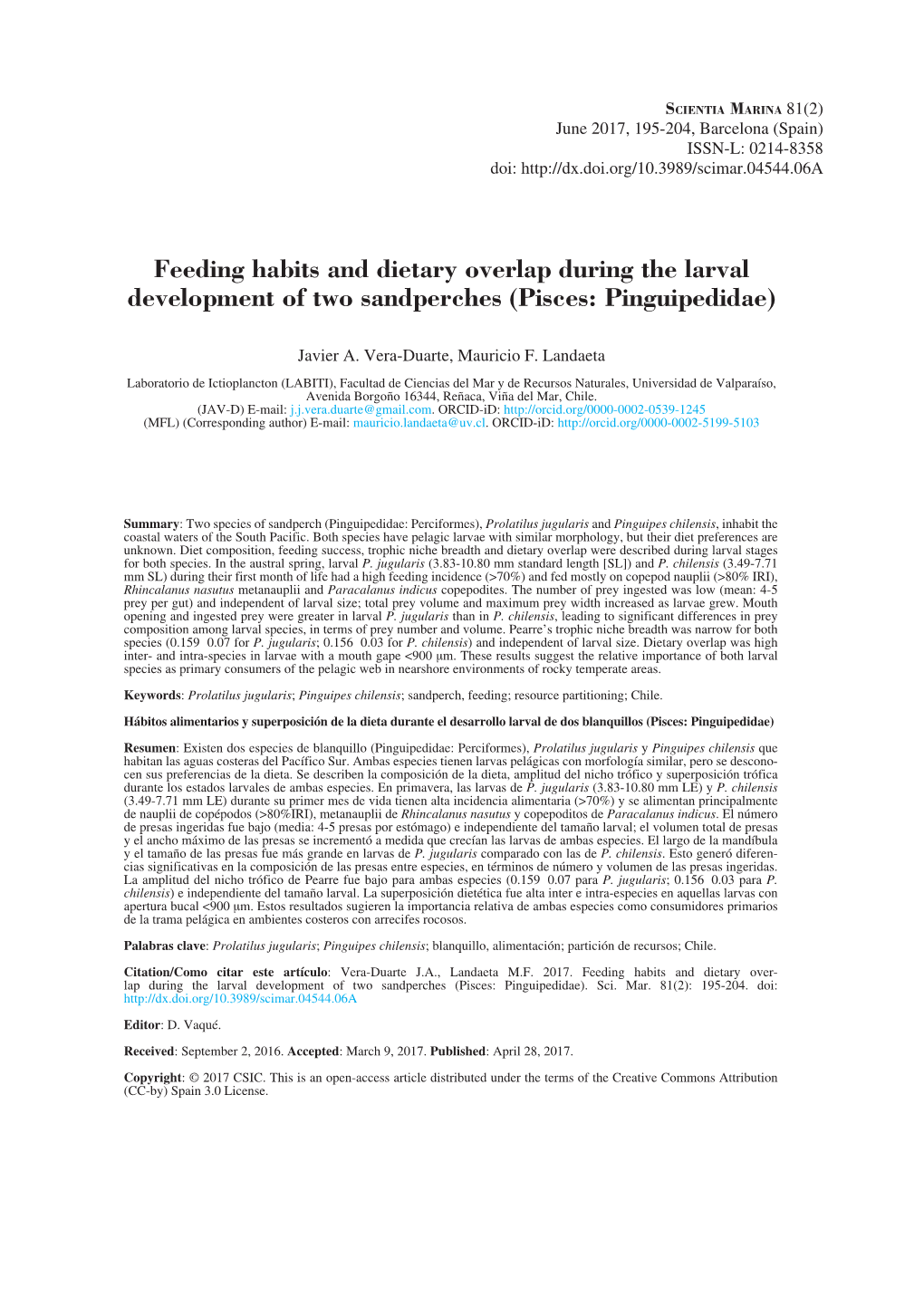 Feeding Habits and Dietary Overlap During the Larval Development of Two Sandperches (Pisces: Pinguipedidae)