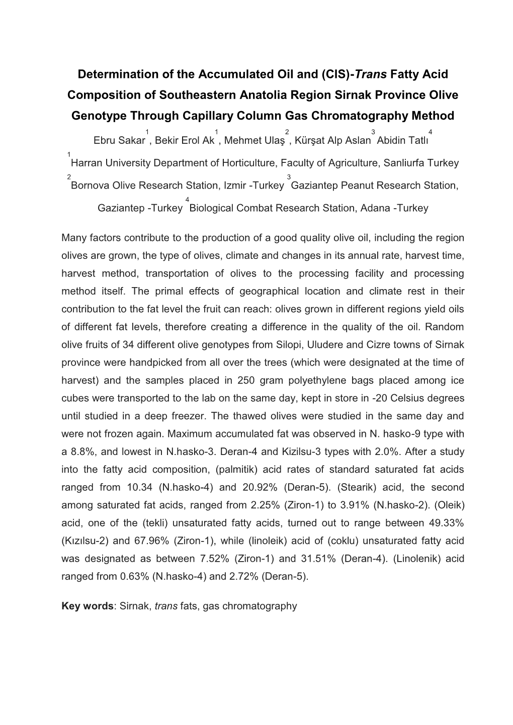 Trans Fatty Acid Composition of Southeastern Anatolia Region