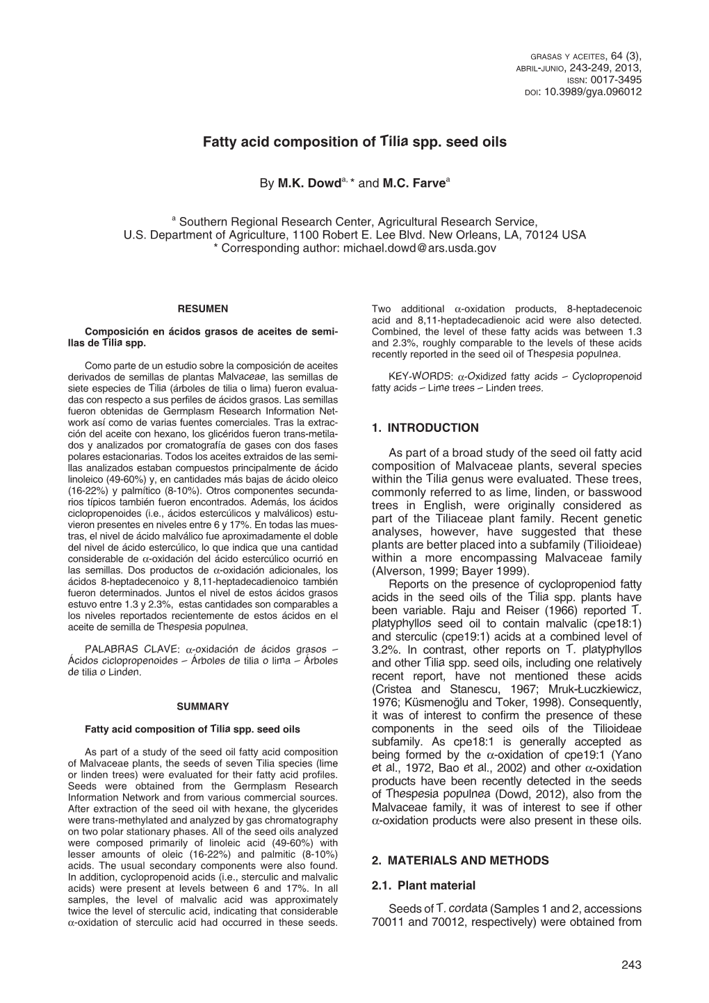 Fatty Acid Composition of Tilia Spp. Seed Oils