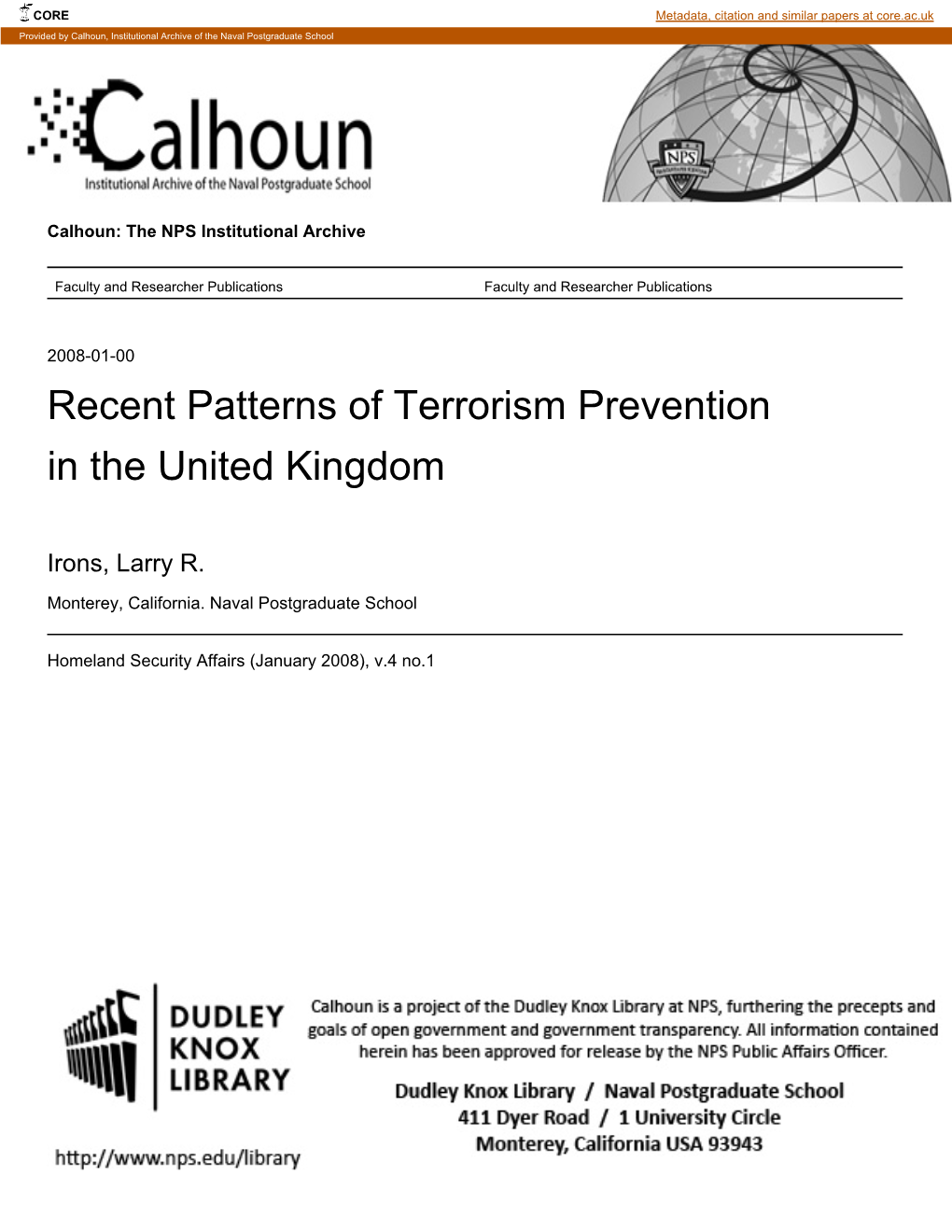 Recent Patterns of Terrorism Prevention in the United Kingdom